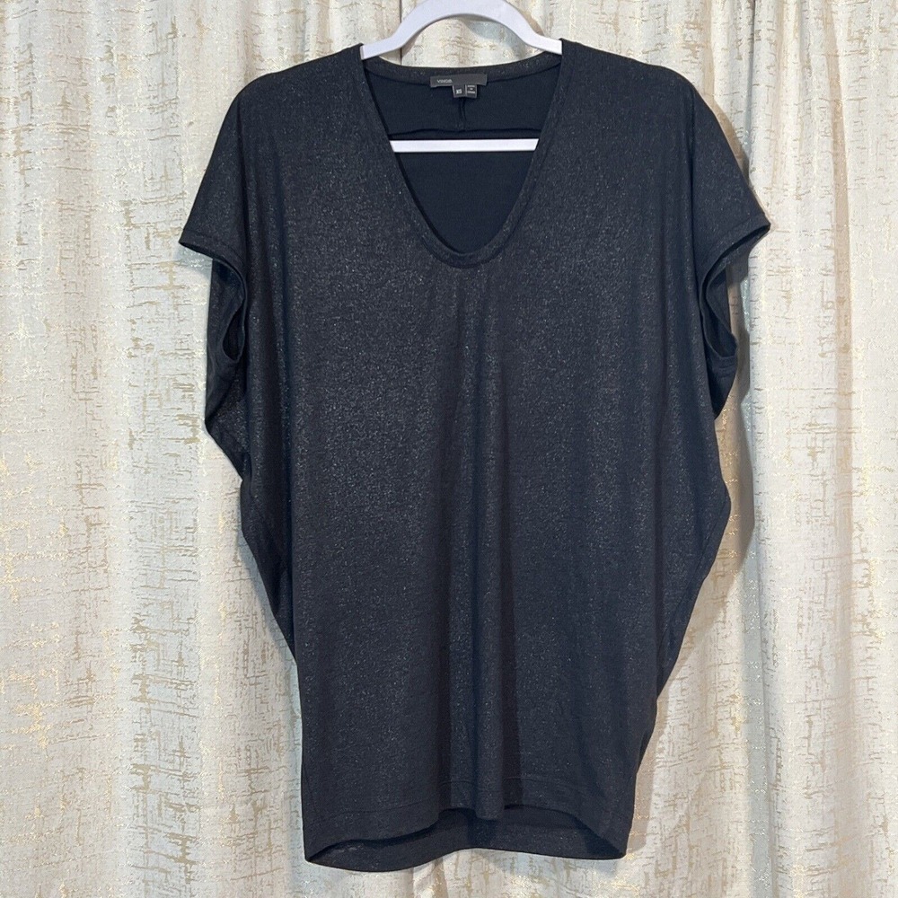 Vince Metallic Shimmer Top Womens XS Gray Dolman V-Neck Blouse Holiday Sparkle
